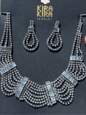 Kira Kira Silver Crystal Statement Necklace & Drop Earrings Set